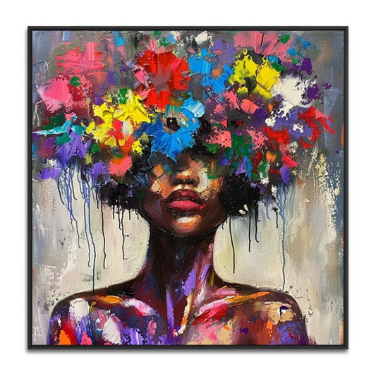 HKM-877715 Colorful Hand-Painted Floral Canvas Art for Living Room - Modern Woman Portrait