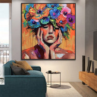 HKM-877715 Colorful Hand-Painted Floral Canvas Art for Living Room - Modern Woman Portrait