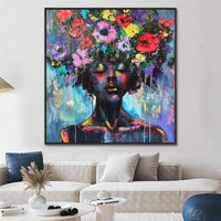HKM-877715 Colorful Hand-Painted Floral Canvas Art for Living Room - Modern Woman Portrait