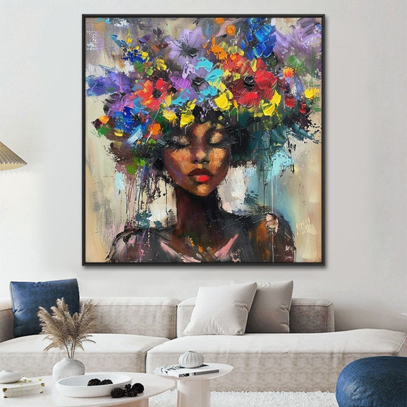 HKM-877715 Colorful Hand-Painted Floral Canvas Art for Living Room - Modern Woman Portrait