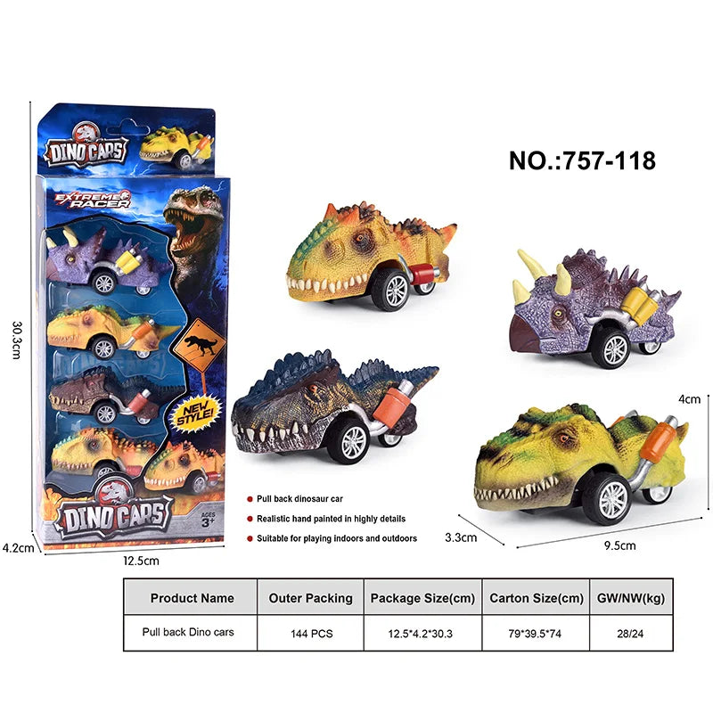 HKM-878035 Dinosaur Pull Back Car - Multi-Style Friction Toy for Kids Ages 5 and Up, PVC Material, Convenient Packaging