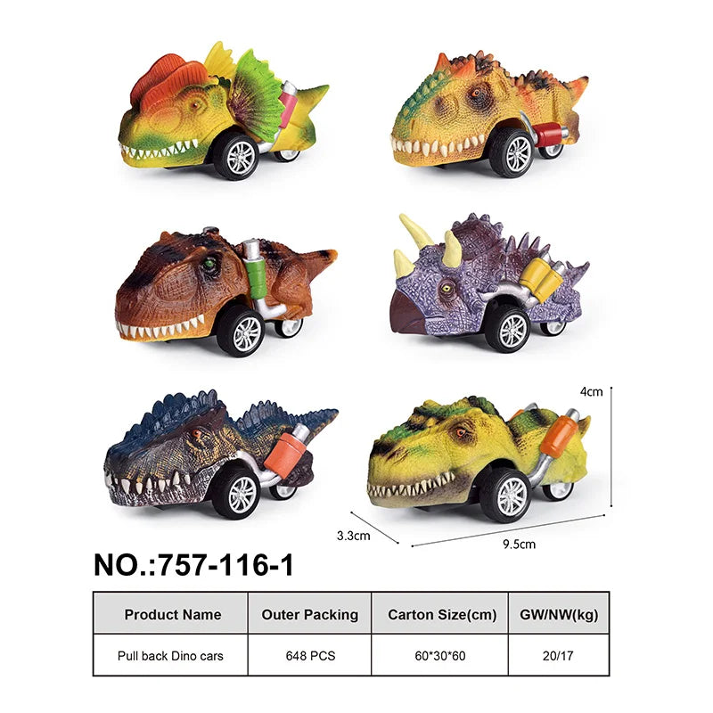 HKM-878035 Dinosaur Pull Back Car - Multi-Style Friction Toy for Kids Ages 5 and Up, PVC Material, Convenient Packaging