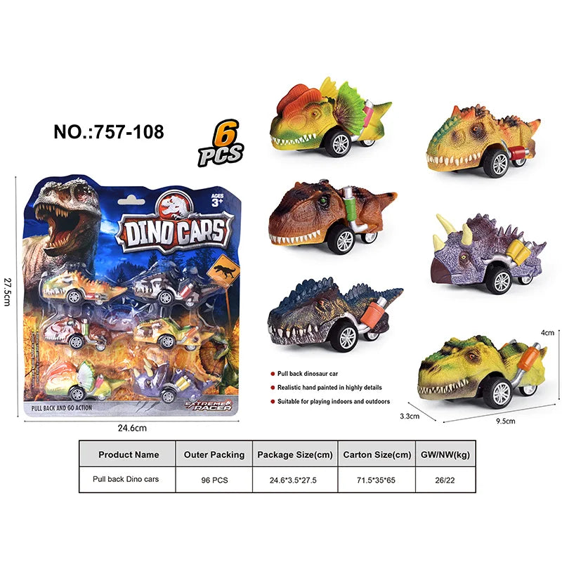 HKM-878035 Dinosaur Pull Back Car - Multi-Style Friction Toy for Kids Ages 5 and Up, PVC Material, Convenient Packaging