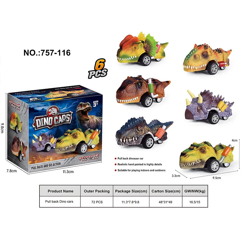 HKM-878035 Dinosaur Pull Back Car - Multi-Style Friction Toy for Kids Ages 5 and Up, PVC Material, Convenient Packaging