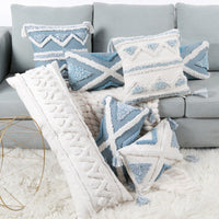 HKM-878227 Blue Geometric Tufted Cotton and Linen Pillow Cover, Available in Multiple Sizes