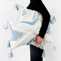 HKM-878227 Blue Geometric Tufted Cotton and Linen Pillow Cover, Available in Multiple Sizes