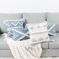 HKM-878227 Blue Geometric Tufted Cotton and Linen Pillow Cover, Available in Multiple Sizes