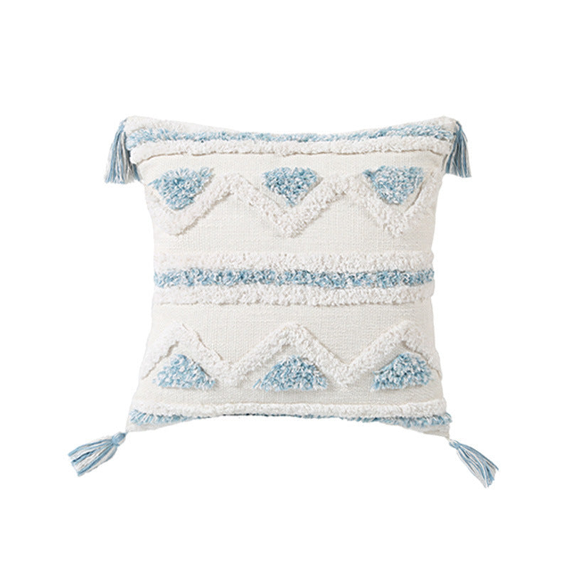 HKM-878227 Blue Geometric Tufted Cotton and Linen Pillow Cover, Available in Multiple Sizes
