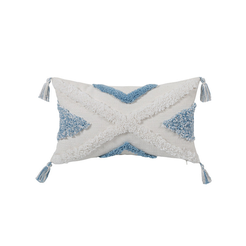 HKM-878227 Blue Geometric Tufted Cotton and Linen Pillow Cover, Available in Multiple Sizes