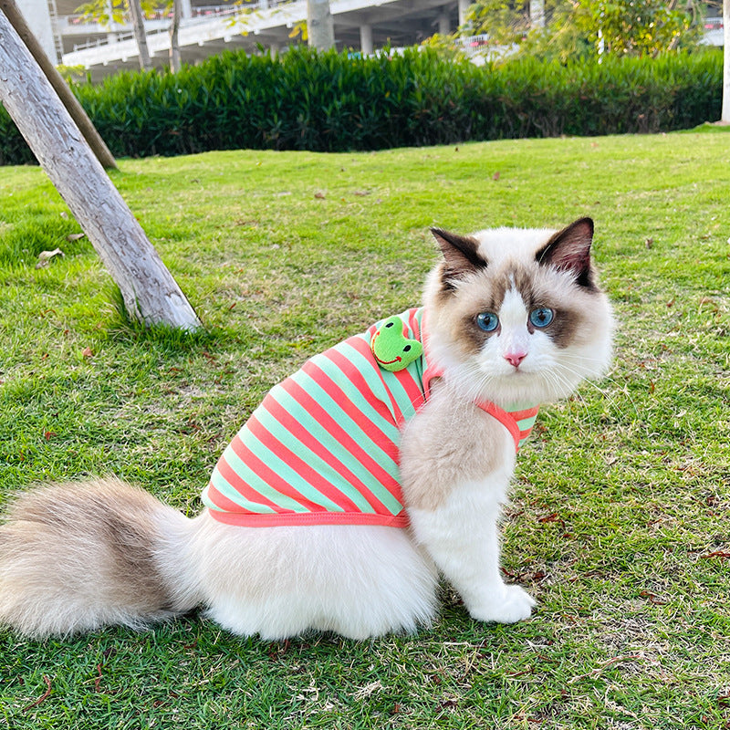 HKM-878355 Striped Vest for Small Dogs - Panda and Frog Designs, Cotton Material, Casual Style