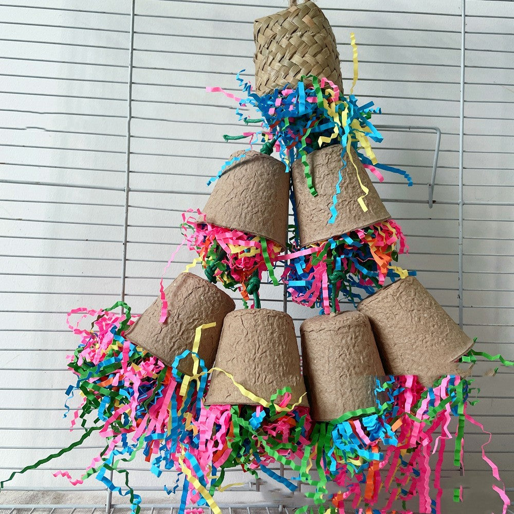 HKM-878867 Paper Cup Hanging Bite Toy for Birds - Eco-Friendly Palm Weaving Design, 38cm High, 82g
