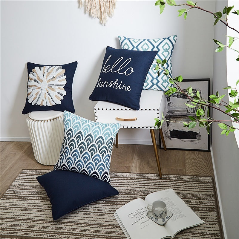 HKM-878995 Mediterranean Style Cotton Canvas Pillow with Landscape Pattern for Living Room and Outdoor Use