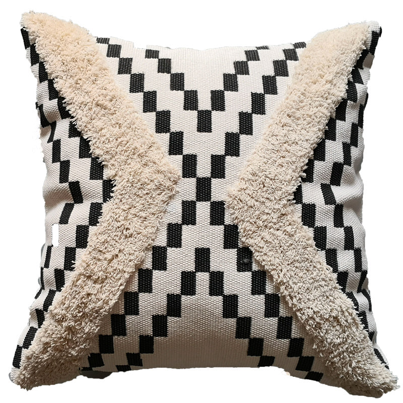 HKM-879059 Mid-Vintage Square Tassel Cushion Cover - Knitted Design in Light Grey, Black and White Geometric, and Taupe Block