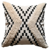 HKM-879059 Mid-Vintage Square Tassel Cushion Cover - Knitted Design in Light Grey, Black and White Geometric, and Taupe Block