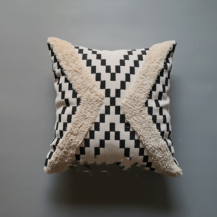 HKM-879059 Mid-Vintage Square Tassel Cushion Cover - Knitted Design in Light Grey, Black and White Geometric, and Taupe Block