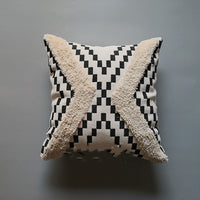 HKM-879059 Mid-Vintage Square Tassel Cushion Cover - Knitted Design in Light Grey, Black and White Geometric, and Taupe Block