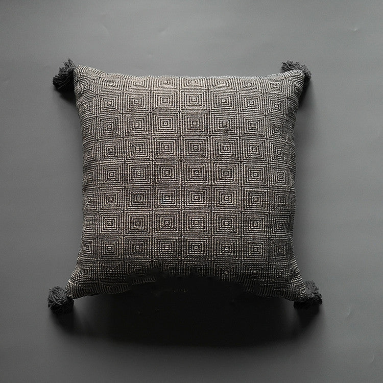 HKM-879059 Mid-Vintage Square Tassel Cushion Cover - Knitted Design in Light Grey, Black and White Geometric, and Taupe Block
