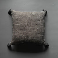 HKM-879059 Mid-Vintage Square Tassel Cushion Cover - Knitted Design in Light Grey, Black and White Geometric, and Taupe Block