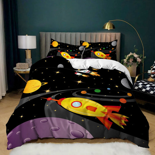 HKM-879251 Kids Digital Printed Spaceship Rocket Pattern Bedding Quilt Cover Set for Modern Bedrooms