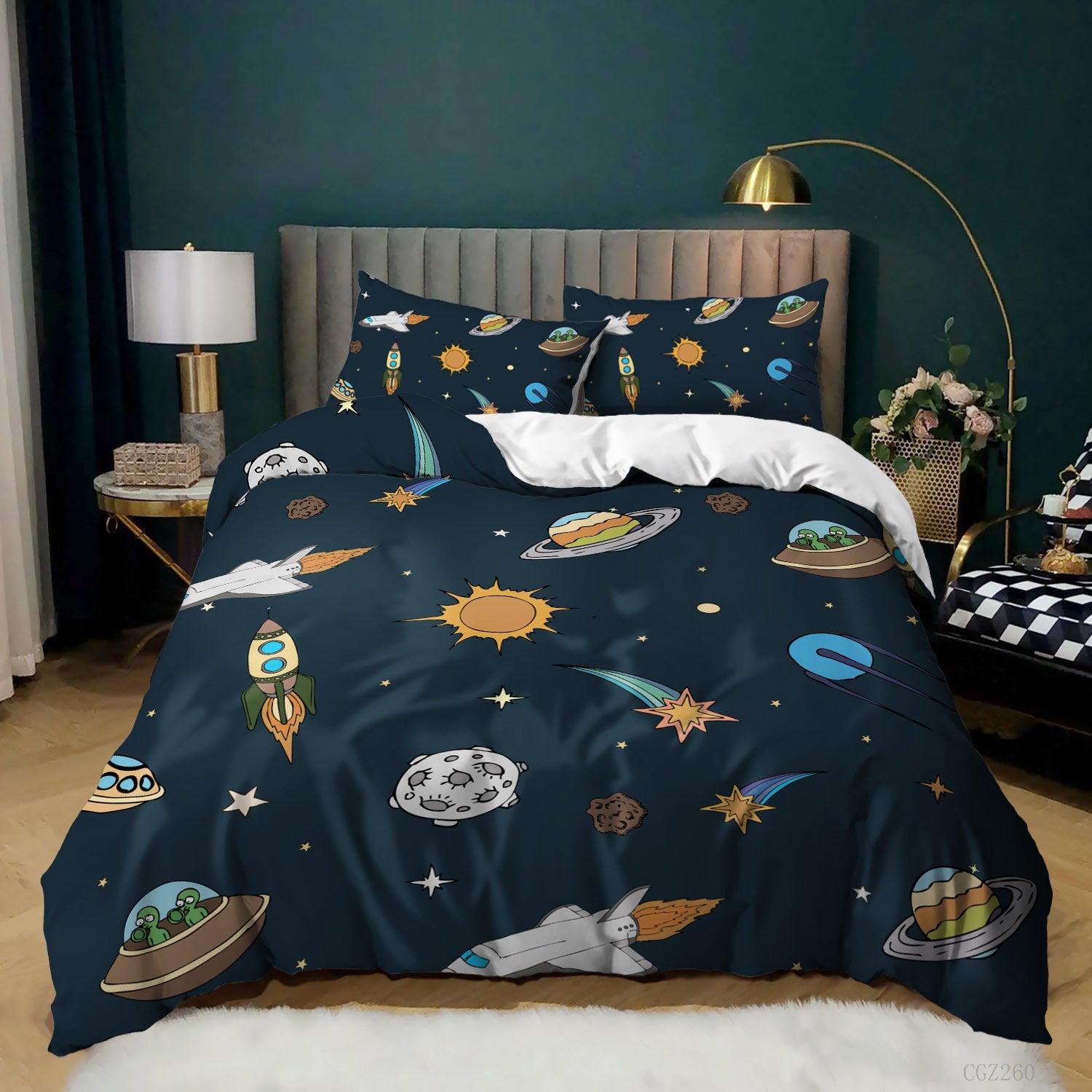 HKM-879251 Kids Digital Printed Spaceship Rocket Pattern Bedding Quilt Cover Set for Modern Bedrooms