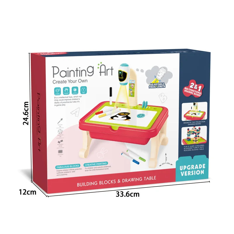 Kids 2-in-1 Drawing Projector Table with Magnetic Writing Board, for Ages 2-4, Red Building Block Projection