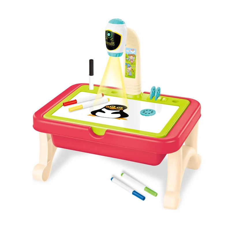 Kids 2-in-1 Drawing Projector Table with Magnetic Writing Board, for Ages 2-4, Red Building Block Projection