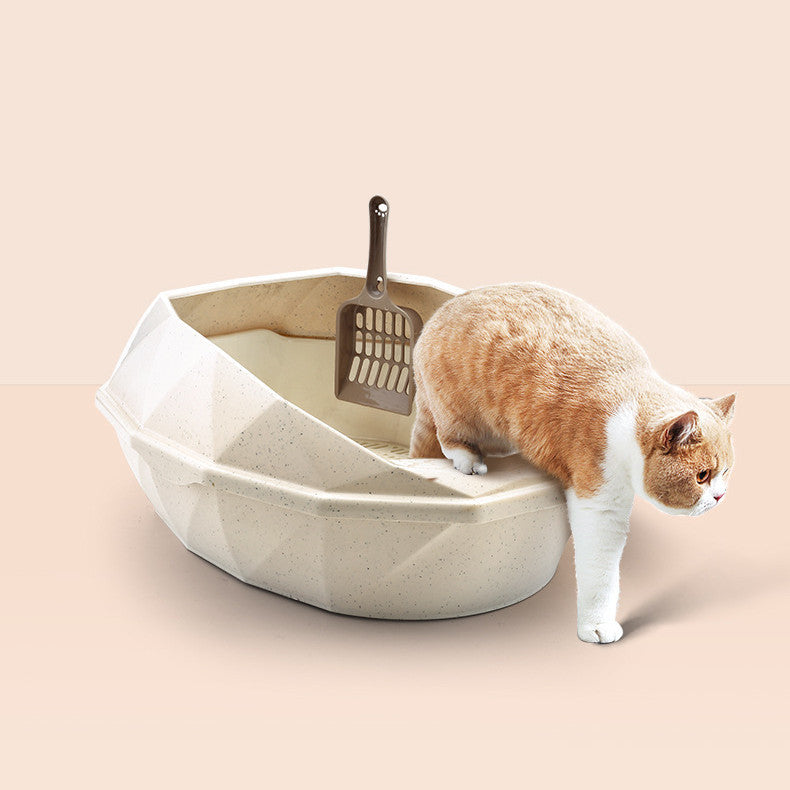 HKM-880915 Diamond-Shaped Semi-Enclosed Plastic Cat Litter Box with Shovel - Stylish Design in Multiple Colors