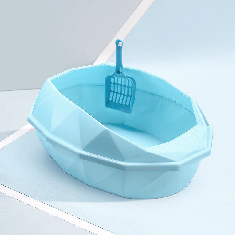HKM-880915 Diamond-Shaped Semi-Enclosed Plastic Cat Litter Box with Shovel - Stylish Design in Multiple Colors