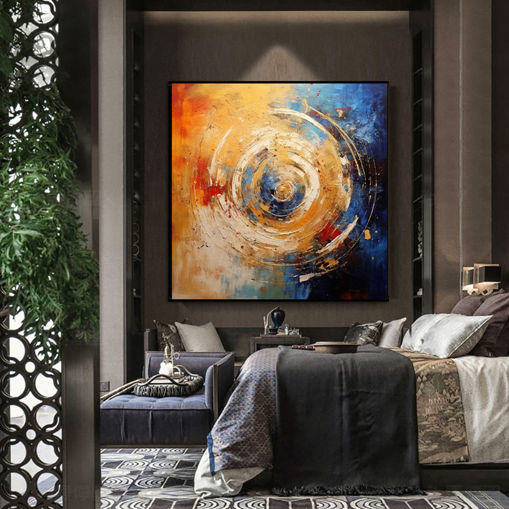 HKM-881171 Handmade Oil Painting Abstract Square Canvas Wall Art in Modern Orange and Blue Design for Home Decor
