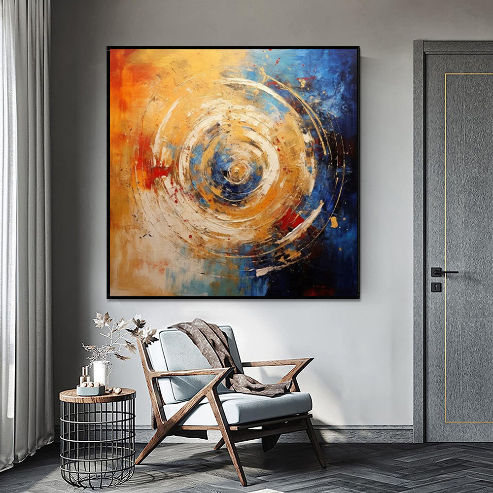 HKM-881171 Handmade Oil Painting Abstract Square Canvas Wall Art in Modern Orange and Blue Design for Home Decor