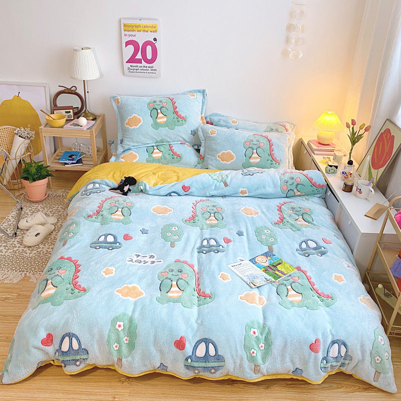 HKM-881235 Cartoon Snow Fleece Bedding Set - 4-Piece Comforter, Sheet, and Pillowcases, Perfect for Cozy Nights