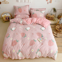 HKM-881235 Cartoon Snow Fleece Bedding Set - 4-Piece Comforter, Sheet, and Pillowcases, Perfect for Cozy Nights