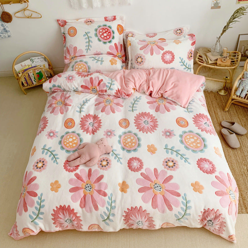 HKM-881235 Cartoon Snow Fleece Bedding Set - 4-Piece Comforter, Sheet, and Pillowcases, Perfect for Cozy Nights