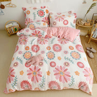 HKM-881235 Cartoon Snow Fleece Bedding Set - 4-Piece Comforter, Sheet, and Pillowcases, Perfect for Cozy Nights