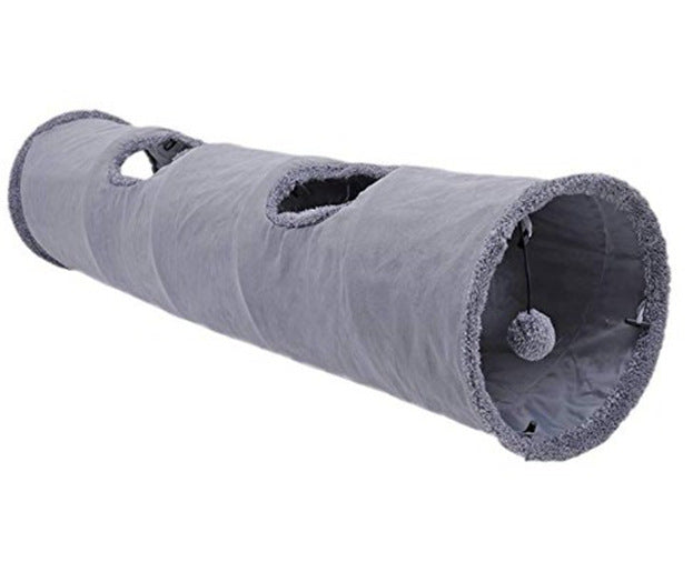 HKM-881747 Collapsible Cat Tunnel Toy for Kittens and Small Pets - Soft Suede, Grey, 2 Sizes Available