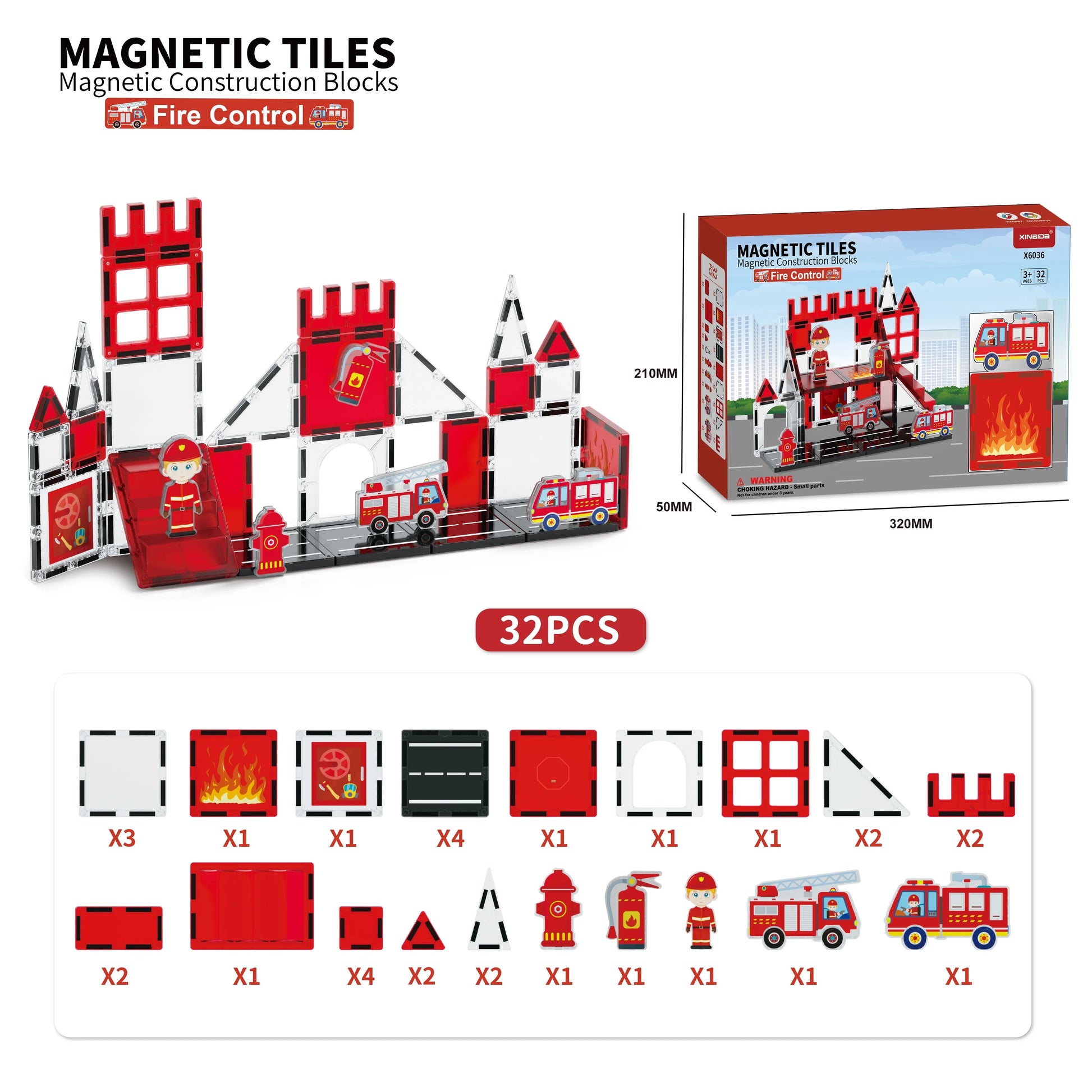 Magnetic Building Tiles Fire Control Theme for Early Education - 7.5cm ABS Plastic Blocks