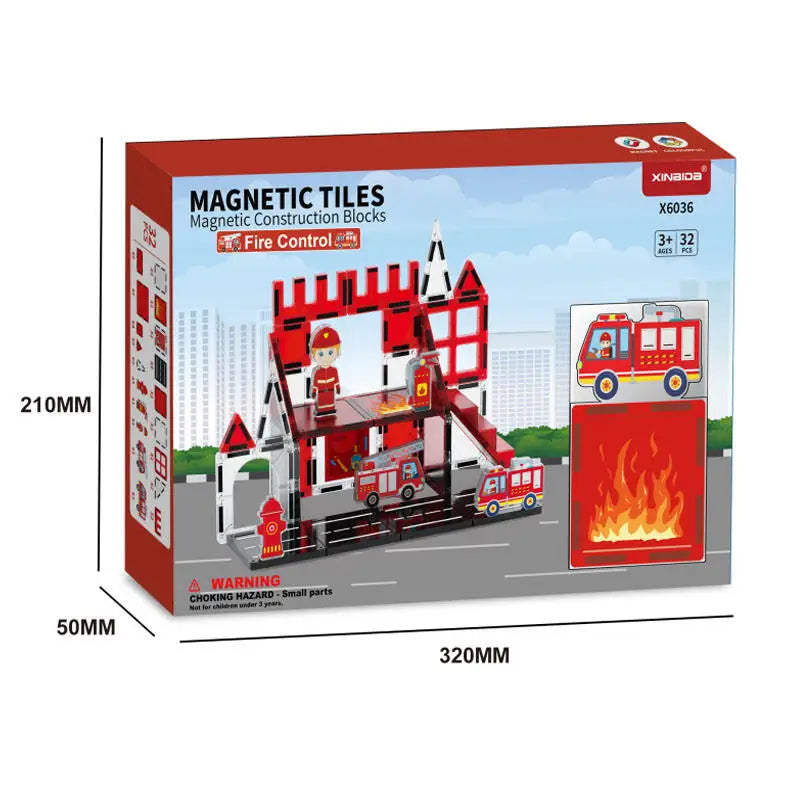 Magnetic Building Tiles Fire Control Theme for Early Education - 7.5cm ABS Plastic Blocks