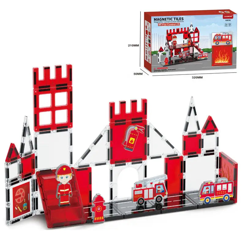 Magnetic Building Tiles Fire Control Theme for Early Education - 7.5cm ABS Plastic Blocks