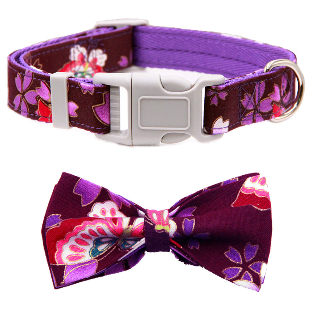 HKM-881939 Dog Collar Adjustable Pet Collar Floral Bow Floral Fabric Ribbon Thickened Double Layer