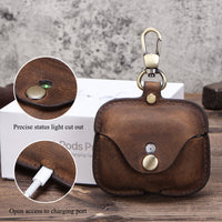 HKM-882131 Vintage Leather Clamshell Cover for AirPods Pro - Crazy Horse Pattern, Brown, Royal Blue, Burgundy