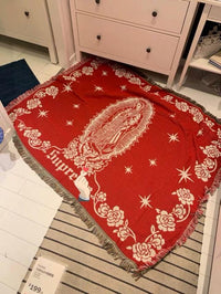 HKM-882387 Virgin Mary Woven Thick Linen Wall Blanket - Decorative Cushion with Floral Cartoon Design