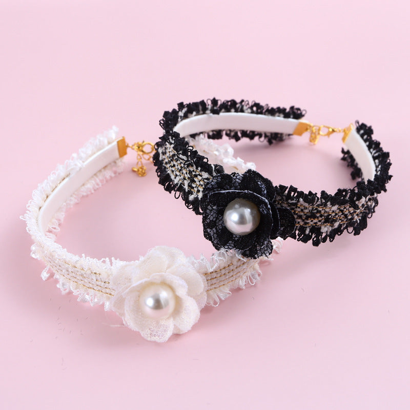 HKM-883091 Hand-Woven Small Fragrant Wind Camellia Pu Adjustable Cat Fairy Collar Bell Pearl Flower Pet Bib