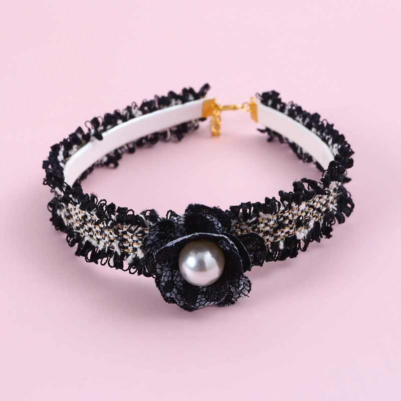 HKM-883091 Hand-Woven Small Fragrant Wind Camellia Pu Adjustable Cat Fairy Collar Bell Pearl Flower Pet Bib