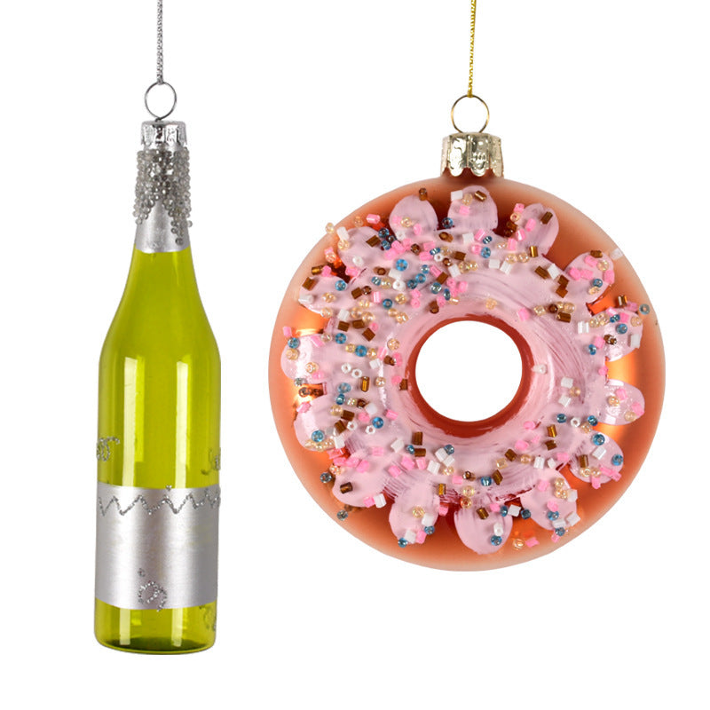 HKM-883987 Wine Bottle and Donut Glass Pendant Decoration in Golden Yellow and Green for Holiday Displays