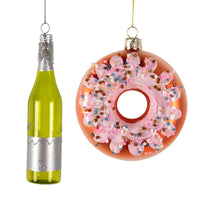 HKM-883987 Wine Bottle and Donut Glass Pendant Decoration in Golden Yellow and Green for Holiday Displays