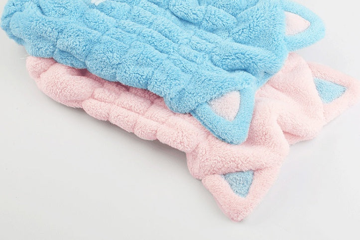 HKM-884115 Cat Ear Hair-Drying Towel in Coral Velvet - Absorbent, Antibacterial, and Easy to Clean