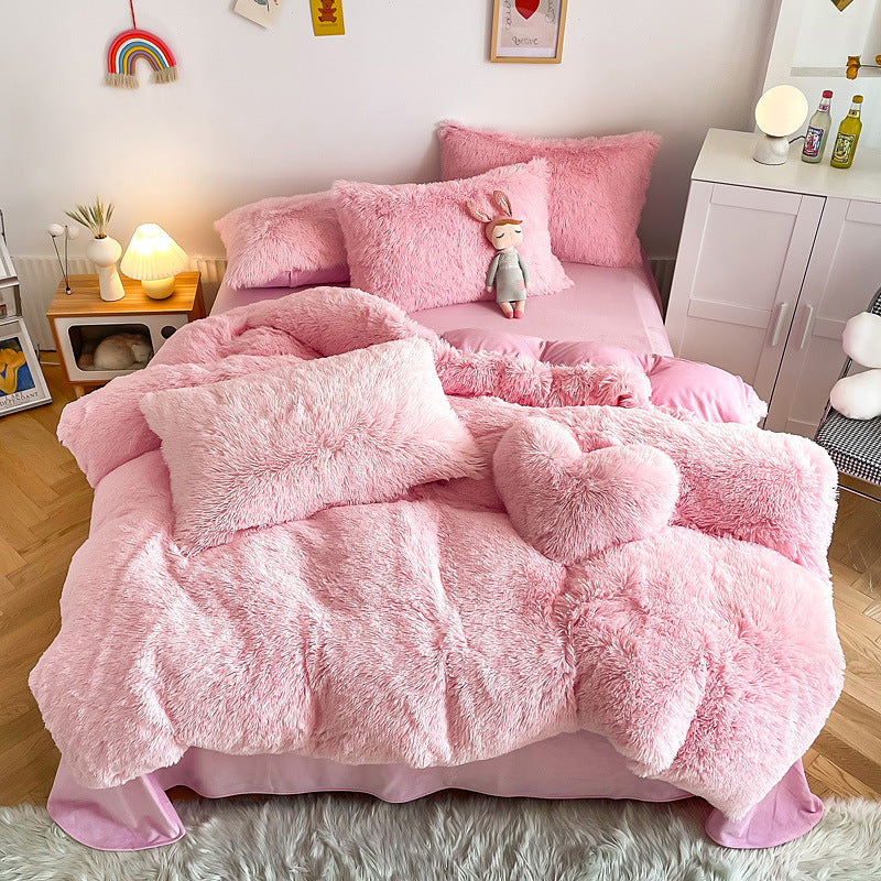 HKM-884371 Mink Fur Fabric Coral Fleece Bedding Set - 4-Piece for 1.5m, 1.8m, and 2.0m Beds
