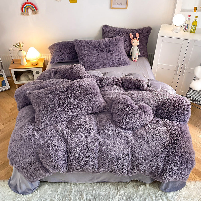 HKM-884371 Mink Fur Fabric Coral Fleece Bedding Set - 4-Piece for 1.5m, 1.8m, and 2.0m Beds