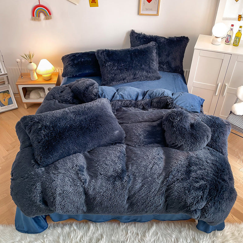 HKM-884371 Mink Fur Fabric Coral Fleece Bedding Set - 4-Piece for 1.5m, 1.8m, and 2.0m Beds