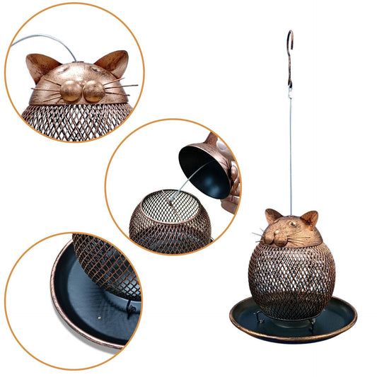 HKM-884627 Vintage Cat-Shaped Iron Bird Feeder for Outdoor Hanging Garden Decoration